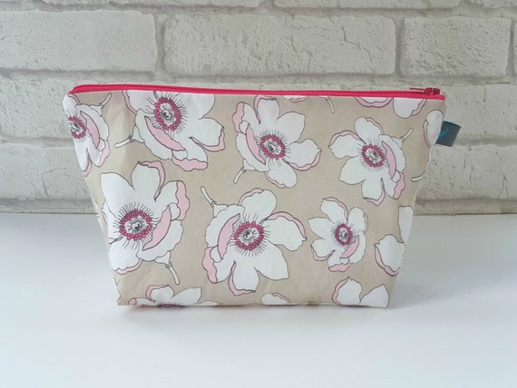 Makeup bag, cosmetic bag,toiletry bag in magnolia flower design, waterproof lining