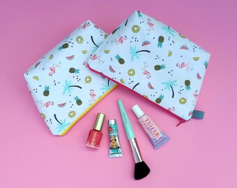 Tropical Makeup Bag with flamingo, palm tree, pineapple, watermelon, kiwi fruit