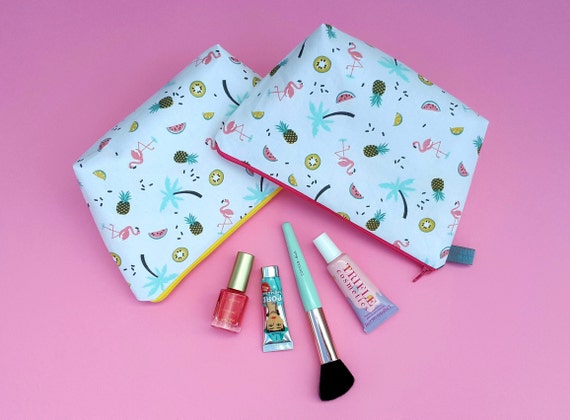 Tropical Makeup Bag with flamingo, palm tree, pineapple, watermelon, kiwi fruit