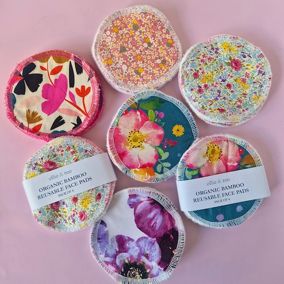 Reusable cotton rounds for skincare & makeup remover: Floral designs with organic bamboo towelling (set of 4)