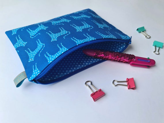 Girls Pencil case pouch in blue cat animal design: 100% cotton, fully lined