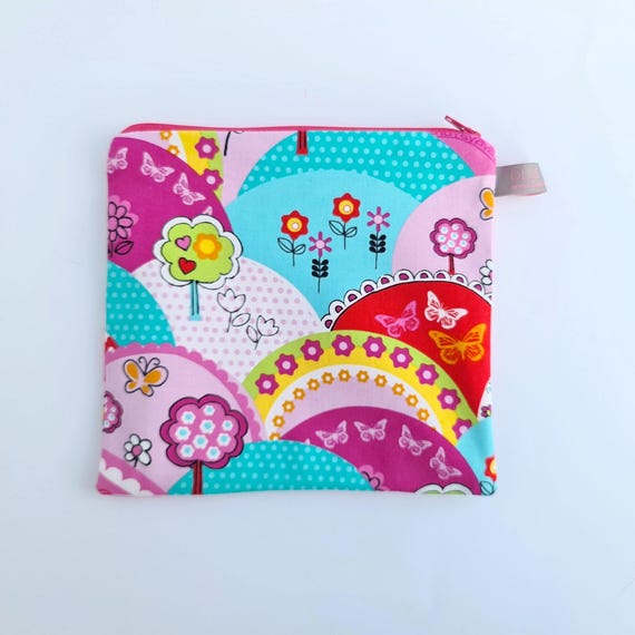 Girls pencil case pouch in pink and turquoise floral design (fully lined)