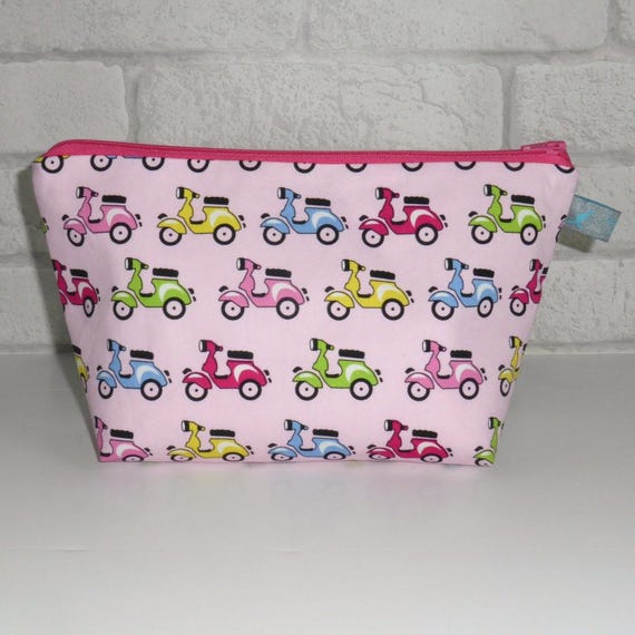 Cosmetic Toiletry Wash Bag in pink scooter design: 100% cotton, waterproof lining