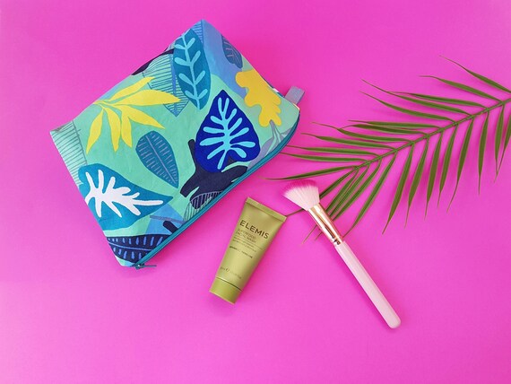 Tropical leaf print cosmetic bag