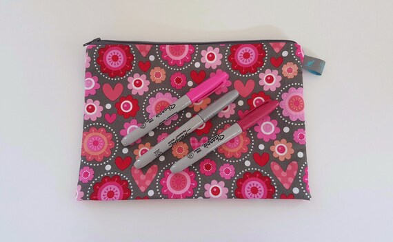 Cute Girly Grey Pink Hearts & Flowers Pencil Case