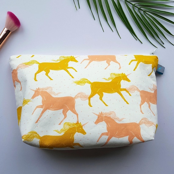 Large Cosmetic Makeup Bag in unicorn design: 100% cotton, waterproof lining