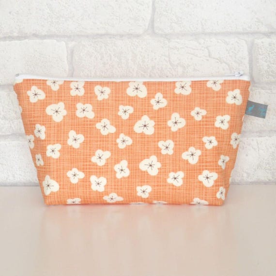 Peach Floral Cotton Makeup Bag: Waterproof Cosmetic Bag