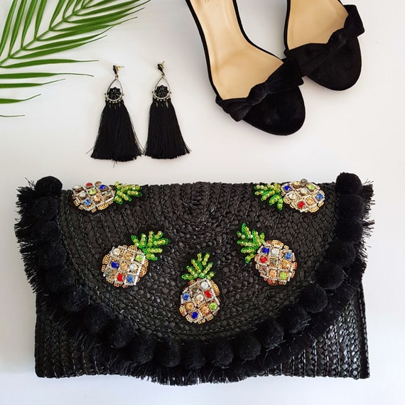 Black Straw Pineapple Clutch Bag