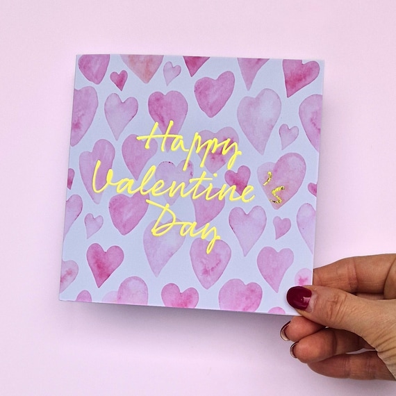 Pink Watercolour Love Heart gold foil Happy Valentine's Day greeting card