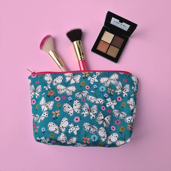 Cosmetic Makeup Bag in botanical floral butterfly design: 100% cotton, waterproof lining