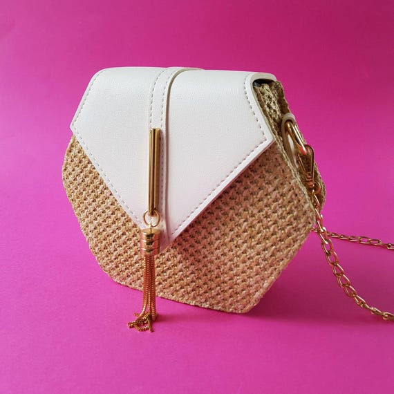 Hexagon Straw Ladies Summer Bag with metal chain shoulder strap