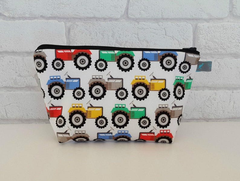 Boys Tractor Toiletry Bag Waterproof Travel Pouch Cotton Outer Fabric Zipper Closure Farm Themed Pattern Waterproof Lining Hidden Seams Quality Construction School Camping Trips Bathroom Storage Child Organizer Essential Travel Accessory
