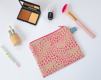 Neon Pink Folk Floral Makeup Bag & Mini Cosmetic Pouch
