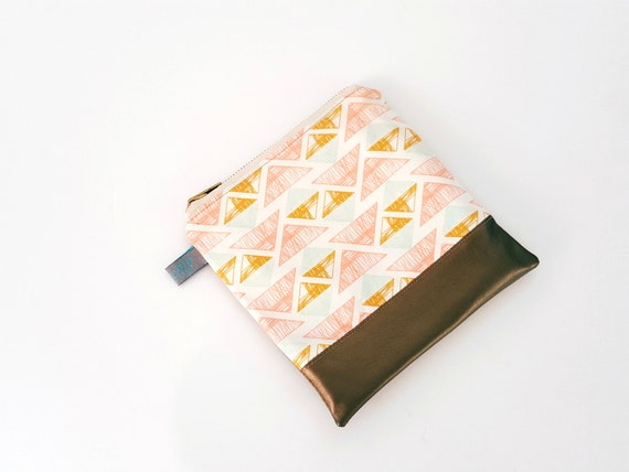 Geometric Triangle Cosmetic Pouch with Metallic Gold Faux Leather