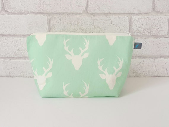 Mint & Cream Stag Cosmetic Bag, waterproof lining