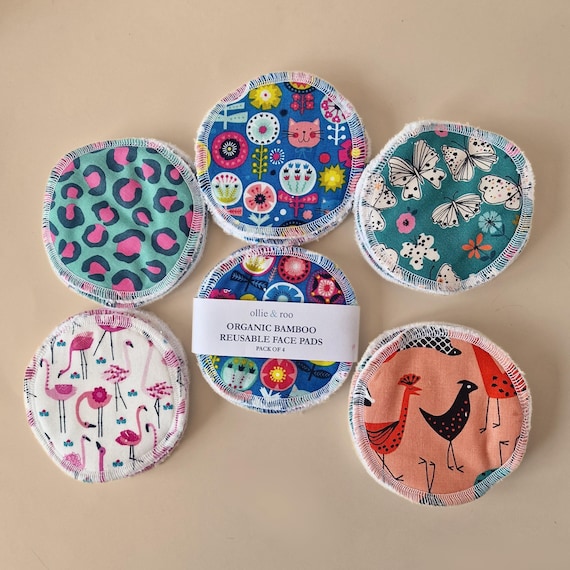 Reusable cotton rounds for skincare & makeup remover: Animal designs with organic bamboo towelling (set of 4)