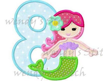 Little mermaid birthday applique number 8 machine embroidery design