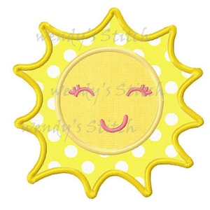May include: A yellow sun with a white polka dot background. The sun has a smiling face with pink eyelashes and a pink mouth.