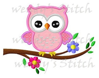 Owl on a flower tree applique machine embroidery design digital pattern