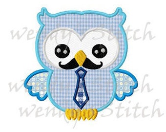 Owl with necktie machine embroidery design applique instant download