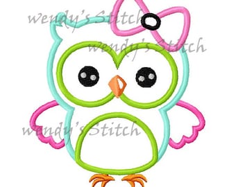 Girl owl with bow applique machine embroidery design