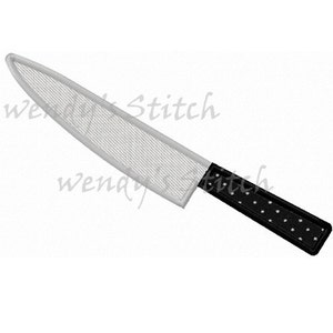 May include: A white kitchen knife with a black handle and a dotted pattern. The knife is a common kitchen utensil used for cutting and slicing food.