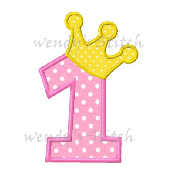 Princess birthday number 1 applique machine embroidery design