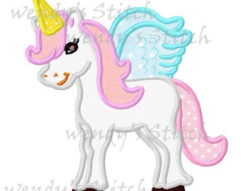 May include: A white unicorn with a pink mane and tail, yellow horn, and light blue wings. The unicorn has a polka dot tail.