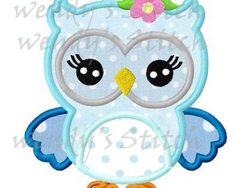 Flower owl machine embroidery design digital applique pattern