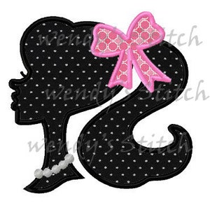 May include: Black silhouette of a woman with a pink bow in her hair and a pearl necklace. The silhouette is dotted with small white circles.