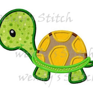 May include: A green and yellow cartoon turtle with a brown shell and a green head. The turtle is smiling and has a small, black eye.