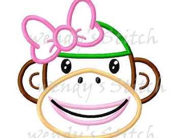 Girl sock monkey applique machine embroidery design