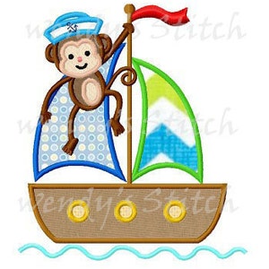 Monkey sailor applique machine embroidery design instant download