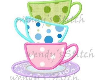 three teacups tea time applique machine embroidery design isntant download