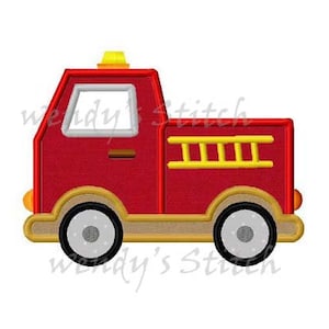 May include: A red fire truck with a yellow ladder on the side. The truck has a yellow light on top and black wheels.
