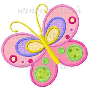 May include: A pink butterfly with yellow antennae and green and purple accents. The butterfly has a polka dot pattern on its wings.