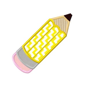 May include: A yellow pencil with a chevron pattern and a pink eraser. The pencil is a school supply.