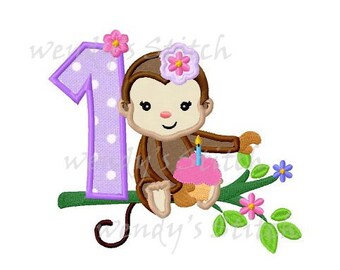 Girl monkey cupcake birthday number 1 machine embroidery design digital pattern instant download