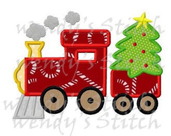 Christmas tree train applique machine embroidery design