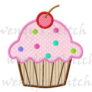 May include: A pink cupcake with white polka dots and a brown striped bottom. A red cherry with a green stem sits on top.