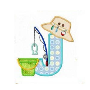 May include: A blue and white polka dot letter J with a fishing rod, a bucket, and a brown hat with a red and white bobber.
