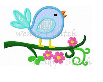 sweet bird on flower tree branch machine embroidery design applique instant download