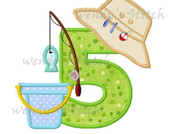 Fishing applique birthday number 5  with lure machine embroidery design instant download
