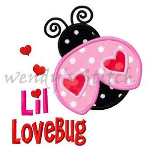 May include: Embroidered design of a pink and black ladybug with white polka dots and red hearts. The text "Lil Lovebug" is written in red below the ladybug.