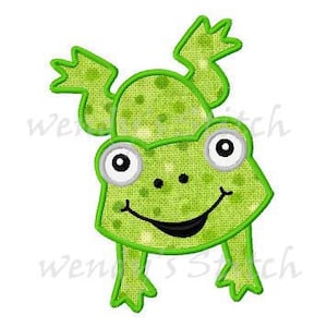 Puede incluir: Una rana de dibujos animados verde con ojos grandes y una amplia sonrisa. La rana tiene un patrón moteado y está sentada sobre sus patas traseras con las patas delanteras levantadas.