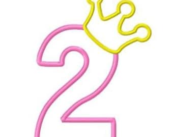 Birthday crown applique number 2 machine embroidery design instant download