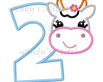 Girl cow birthday number 2 applique machine embroidery design digital pattern