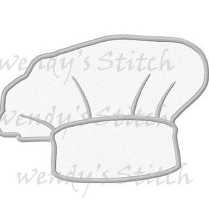 May include: A white outline of a chef's hat with a tall, rounded crown and a wide brim. The outline is in a light gray color.