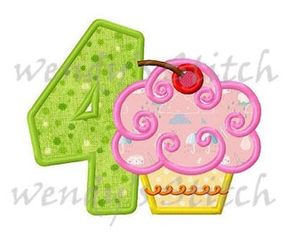 Birthday cupcake applique number 4 machine embroidery design instant download