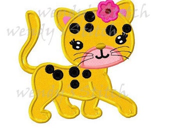 Girl leopard applique machine embroidery design instant download